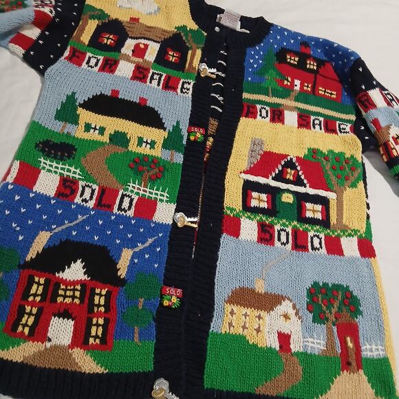 VTG PBJ Sport Women's Large Cardigan Realtor Sweater Cotton Blnd Novelty Buttons - Picture 1 of 12
